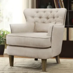 Kirkland's Home Cream Tufted Armchair With Lumbar Pillow- Accent Chairs