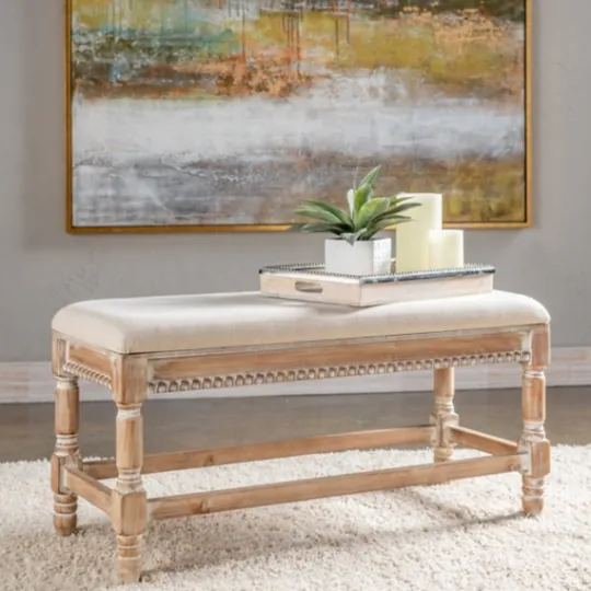 Kirkland's Home Cream Upholstered And Wooden Bench- Benches & Ottomans
