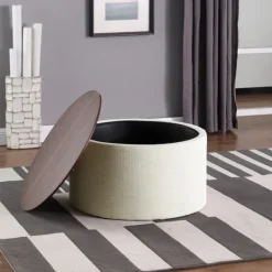 Kirkland's Home Cream Woven Wood Top Storage Ottoman- Benches & Ottomans