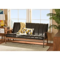 Kirkland's Home Dark Faux Leather Channel Sofa, 63 In.- Sofas & Loveseats