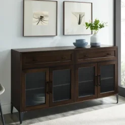 Kirkland's Home Dark Oak Fluted Glass Sideboard Cabinet- Cabinets & Sideboards