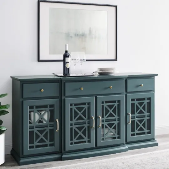 Kirkland's Home Dark Teal Tiered Fretwork Cabinet- Cabinets & Sideboards