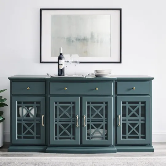 Kirkland's Home Dark Teal Tiered Fretwork Cabinet- Cabinets & Sideboards