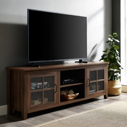 Kirkland's Home Dark Walnut Glass Door Tv Stand- Tv Stands & Media Consoles