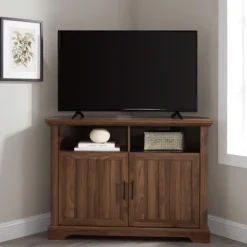 Kirkland's Home Dark Walnut Grooved Door Corner Tv Stand- Tv Stands & Media Consoles