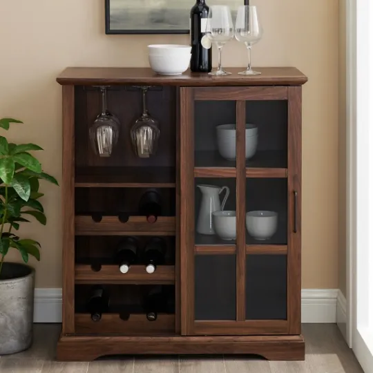 Kirkland's Home Dark Walnut Sliding Glass Door Bar Cabinet- Cabinets & Sideboards