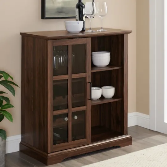 Kirkland's Home Dark Walnut Sliding Glass Door Bar Cabinet- Cabinets & Sideboards