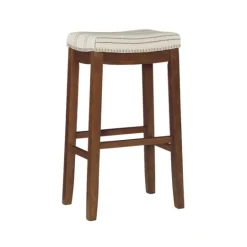 Kirkland's Home Dark Wood Bar Stool With Striped Cushion- Bar Stools & Counter Height Stools