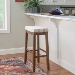 Kirkland's Home Dark Wood Bar Stool With Striped Cushion- Bar Stools & Counter Height Stools
