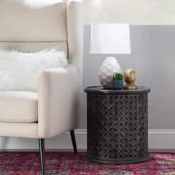Kirkland's Home Dark Wood Carved Medallion Accent Table- Accent & End Tables