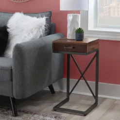 Kirkland's Home Dark Wood Single Drawer C-Frame Accent Table- Accent & End Tables