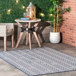 Kirkland's Home Davon Blue Geometric Striped Outdoor Rug, 5X8- Outdoor Rugs
