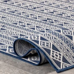 Kirkland's Home Davon Blue Geometric Striped Outdoor Rug, 5X8- Outdoor Rugs