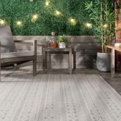 Kirkland's Home Davon Gray Geometric Striped Outdoor Rug, 5X8- Outdoor Rugs