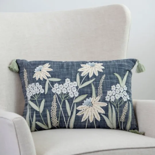 Kirkland's Home Denim Floral Embroidered Lumbar Throw Pillow- Pillows