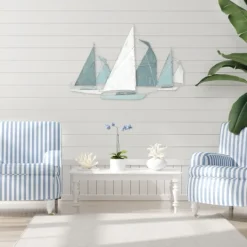 Kirkland's Home Distressed Blue Sailboats Wall Sculpture- Wall Plaques