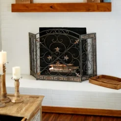 Kirkland's Home Distressed Fleur De Lis Three-Panel Fire Screen- Fireplace Accessories