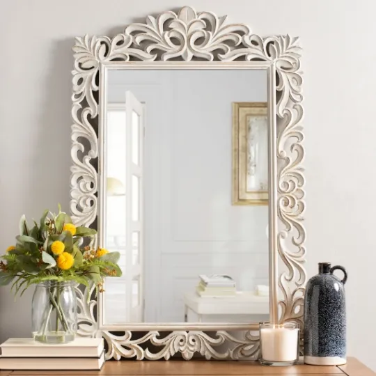 Kirkland's Home Distressed Gray Carved Ornate Scroll Mirror- Decorative Mirrors