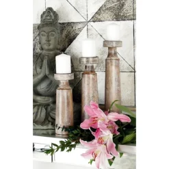 Kirkland's Home Distressed Mocha Mango Wood Candlesticks, Set Of 3- Candle Holders