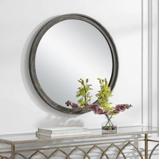 Kirkland's Home Distressed Slate Blue Wooden Round Wall Mirror- Framed Mirrors