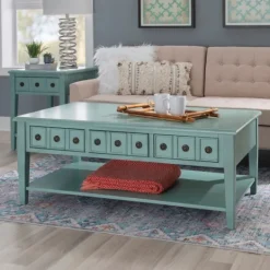 Kirkland's Home Distressed Turquoise Wood 3-Drawer Coffee Table- Coffee Tables