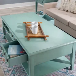 Kirkland's Home Distressed Turquoise Wood 3-Drawer Coffee Table- Coffee Tables