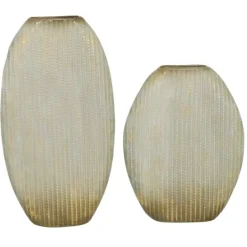 Kirkland's Home Distressed White And Beige Flat Vases, Set Of 2- Vases