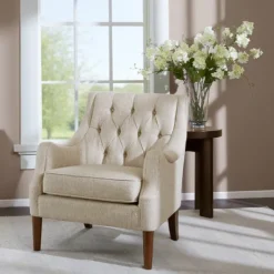 Kirkland's Home Elle Tufted Cream Accent Chair- Accent Chairs