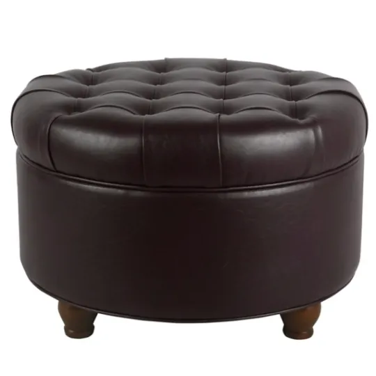 Kirkland's Home Faux Leather Tufted Round Storage Ottoman- Benches & Ottomans