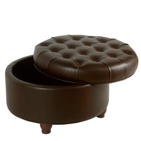 Kirkland's Home Faux Leather Tufted Round Storage Ottoman- Benches & Ottomans