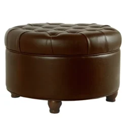 Kirkland's Home Faux Leather Tufted Round Storage Ottoman- Benches & Ottomans