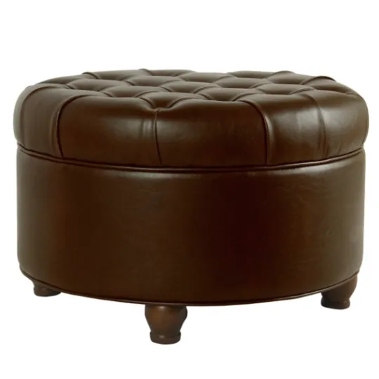 Kirkland's Home Faux Leather Tufted Round Storage Ottoman- Benches & Ottomans