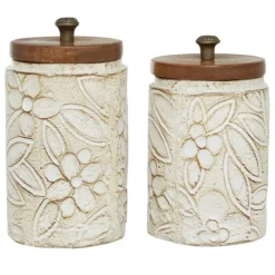 Kirkland's Home Floral Jars With Wood Lids, Set Of 2- Decorative Bowls & Jars