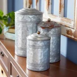 Kirkland's Home Galvanized Metal Lid 3-Pc. Decorative Jar Set- Decorative Bowls & Jars