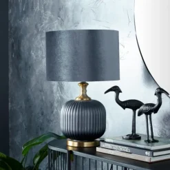 Kirkland's Home Glass Base Round Velvet Shade Table Lamp- Table Lamps