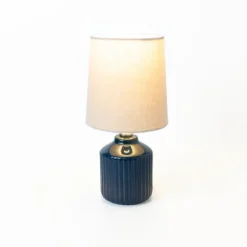 Kirkland's Home Glazed Navy Ribbed Mini Table Lamp- Table Lamps