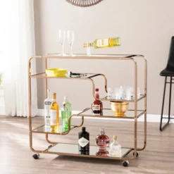 Kirkland's Home Gold Curved Metal Mirrored Bar Cart- Kitchen Islands & Bar Carts