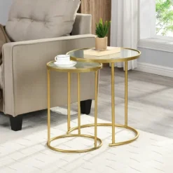 Kirkland's Home Gold Metal And Glass Nesting 2-Pc Accent Table Set- Accent & End Tables