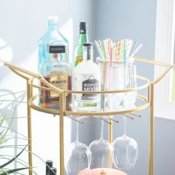 Kirkland's Home Gold Metal Frame Bar Cart With Mirrored Shelves- Kitchen Islands & Bar Carts