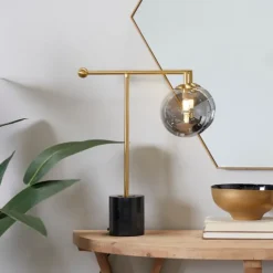 Kirkland's Home Gold Metal Smoked Glass Shade Table Lamp- Table Lamps