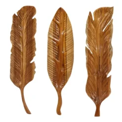 Kirkland's Home Gold Teak Carved Feather Wall Plaques, Set Of 3- Wall Plaques