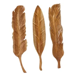 Kirkland's Home Gold Teak Carved Feather Wall Plaques, Set Of 3- Wall Plaques
