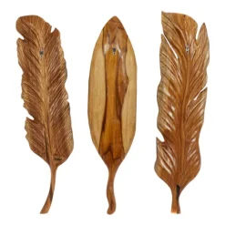 Kirkland's Home Gold Teak Carved Feather Wall Plaques, Set Of 3- Wall Plaques