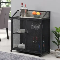 Kirkland's Home Gray And Black Mesh 2-Door Bar Cart- Kitchen Islands & Bar Carts