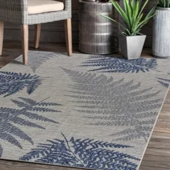 Kirkland's Home Gray And Navy Falling Ferns Outdoor Area Rug, 5X7- Outdoor Rugs