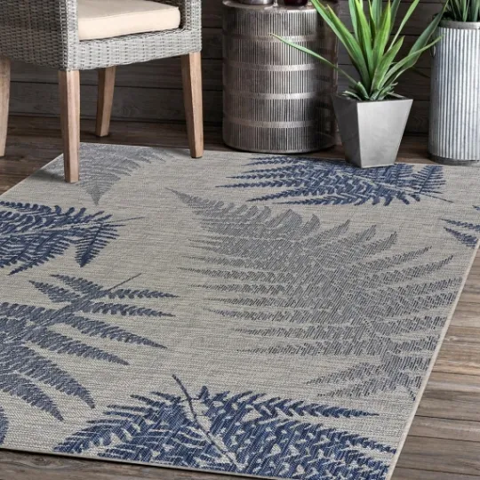 Kirkland's Home Gray And Navy Falling Ferns Outdoor Area Rug, 5X7- Outdoor Rugs