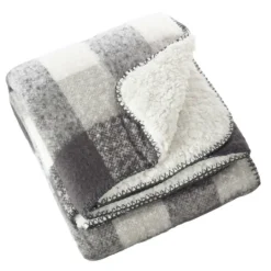 Kirkland's Home Gray And White Plaid Faux Mohair Sherpa Throw- Blankets & Throws