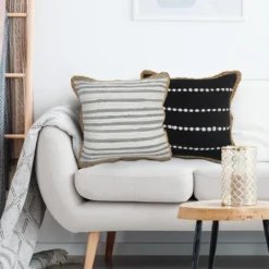 Kirkland's Home Gray And White Stripped Jute Border Accent Pillow- Pillows
