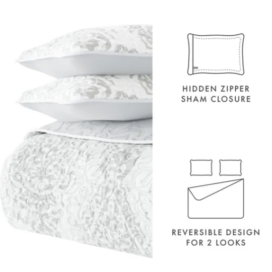 Kirkland's Home Gray Damask Reversible 3-Pc. King Quilt Set- Quilts