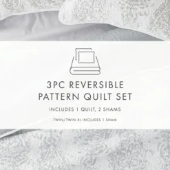 Kirkland's Home Gray Damask Reversible 3-Pc. Queen Quilt Set- Quilts